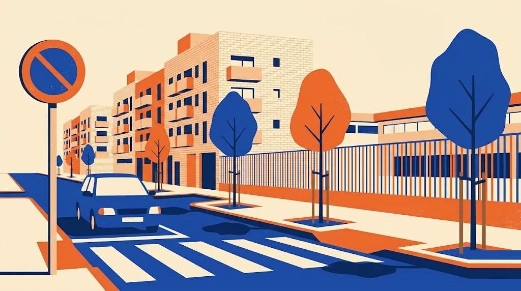 Ilustración de una calle residencial de Rivas con la valla de un colegio, un paso de peatones y una señal de restricción de tráfico en primer plano