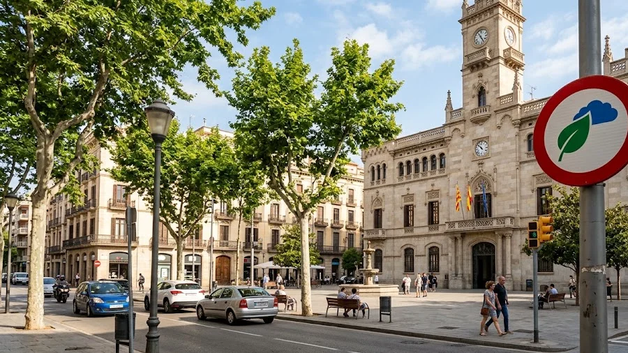 Ilustración de una plaza con un edificio consistorial y tráfico urbano, con una señal de zona de bajas emisiones en primer plano, en referencia al centro de Sabadell