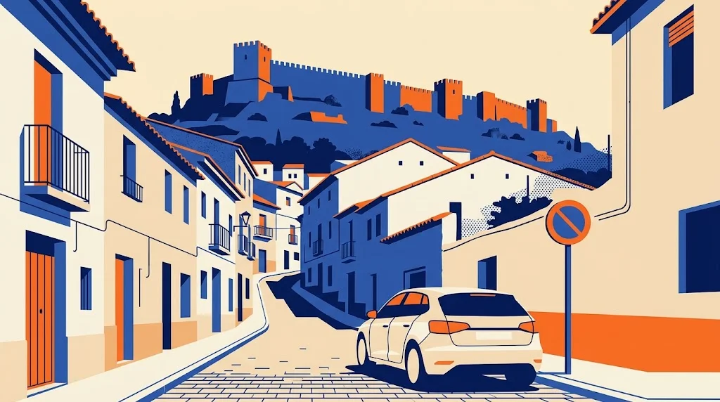 Ilustración de una calle del casco antiguo de Sagunto con las murallas del castillo sobre la colina y una señal de restricción de tráfico en primer plano