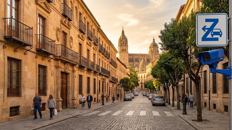 Ilustración de una calle empedrada con fachadas de piedra dorada y torres al fondo, con una señal de acceso controlado y una cámara de lectura de matrículas, al estilo del casco histórico de Salamanca