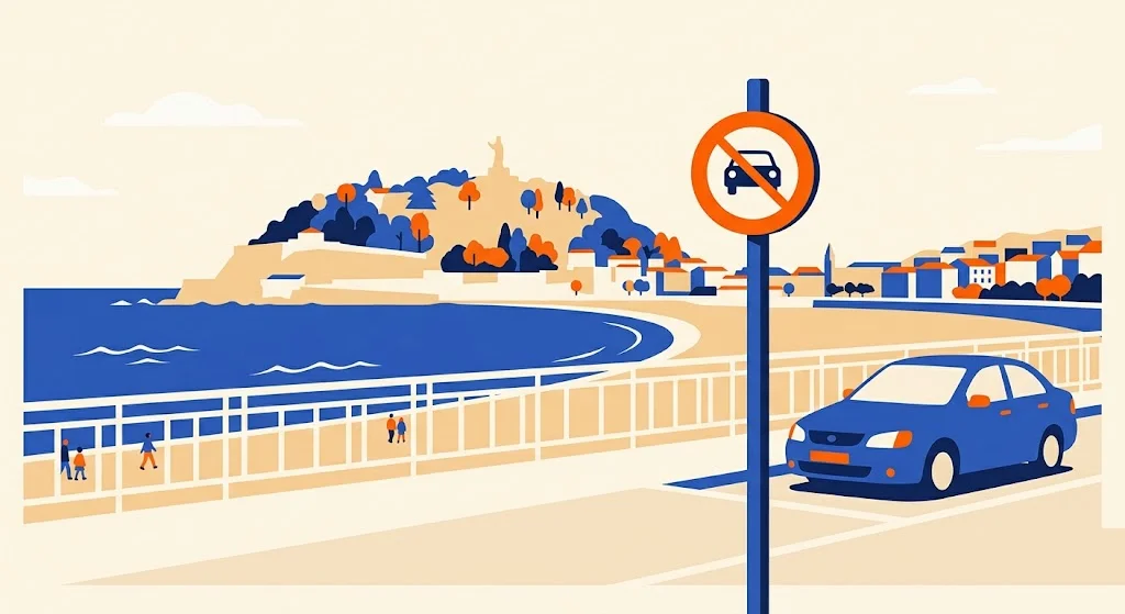 Ilustración de la bahía de la Concha de San Sebastián con su curva de arena y el monte Urgull al fondo, con una señal de restricción de tráfico en primer plano