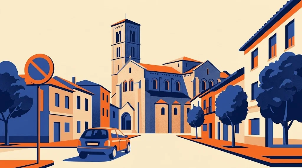 Ilustración de una calle del centro de Sant Cugat con el campanario románico del monasterio al fondo y una señal de restricción de tráfico en primer plano