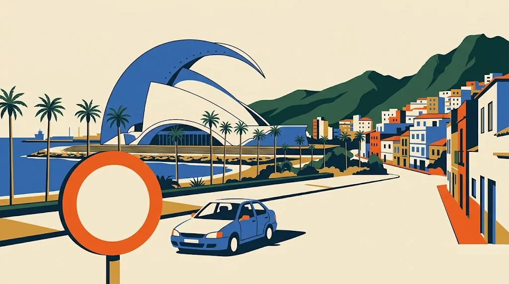 Ilustración de Santa Cruz de Tenerife con un auditorio blanco con forma de ola, palmeras y montañas volcánicas al fondo, y una señal de restricción de tráfico en primer plano