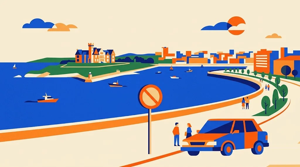 Ilustración de la bahía de Santander con el Palacio de la Magdalena sobre su península y el paseo marítimo en primer término, con una señal de restricción de tráfico en primer plano