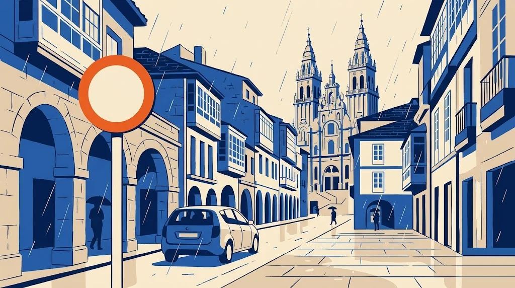Ilustración de una calle de piedra con soportales de Santiago de Compostela que desemboca en la catedral, y una señal de acceso restringido en primer plano