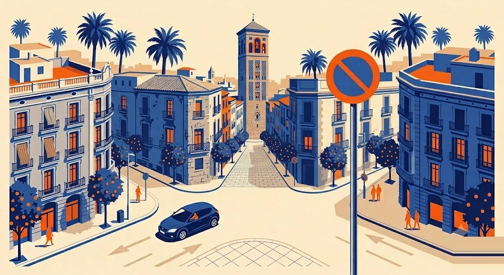 Ilustración de una calle del casco antiguo de Sevilla con naranjos, palmeras y una torre campanario de ladrillo, con una señal de restricción de tráfico en primer plano