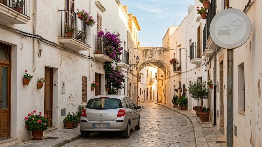 Ilustración de una calle estrecha de casco histórico con fachadas encaladas, un coche aparcado y una señal de zona de bajas emisiones, sin cámaras ni controles visibles
