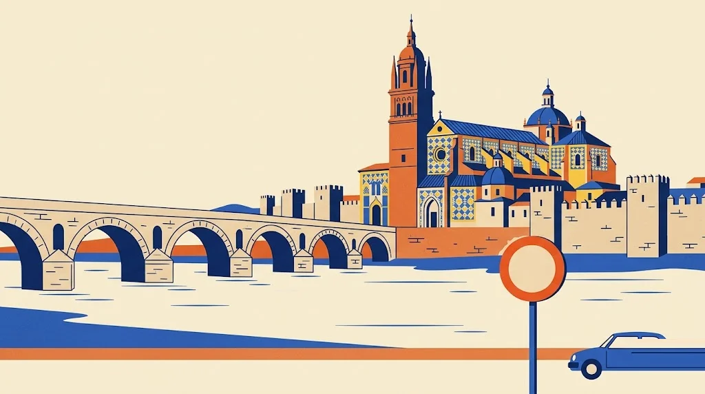 Ilustración de Talavera de la Reina con su puente viejo sobre el Tajo, la basílica del Prado y azulejos de cerámica, y una señal de restricción de tráfico en primer plano
