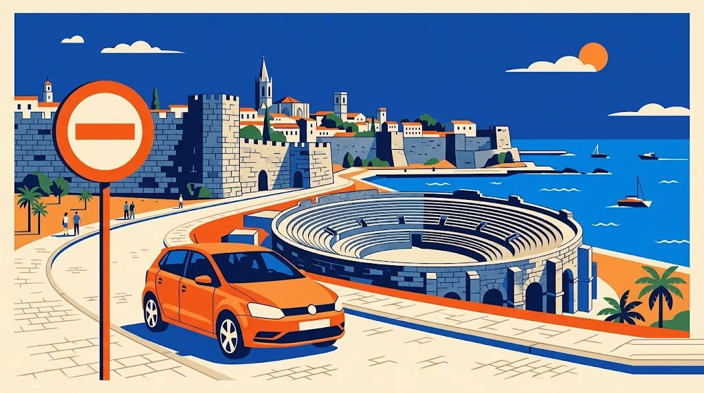 Ilustración del anfiteatro romano de Tarragona junto al Mediterráneo, con las murallas al fondo y una señal de restricción de tráfico en primer plano