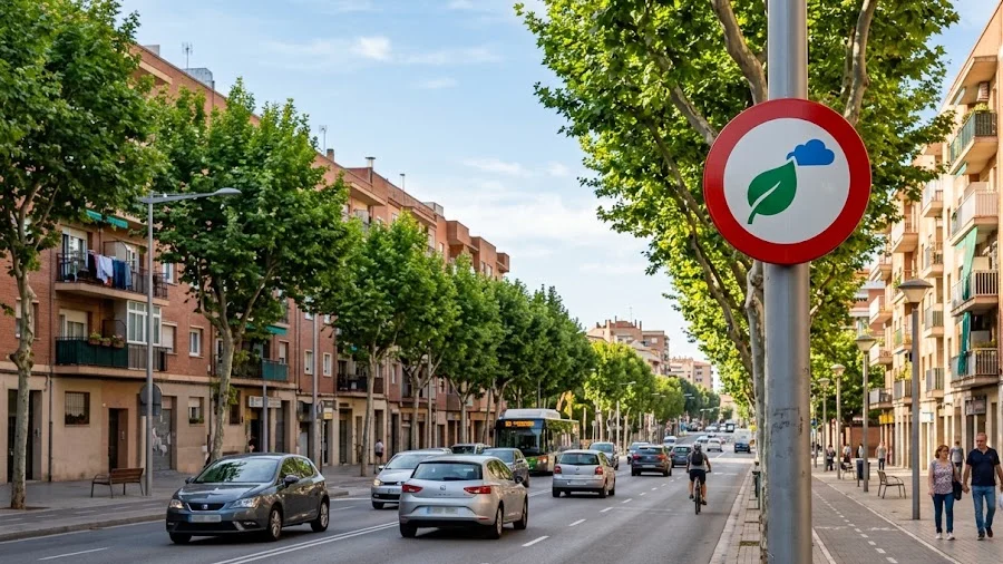 Ilustración de una avenida arbolada con tráfico y edificios de viviendas, con una señal de zona de bajas emisiones en primer plano, en referencia a la ZBE de Terrassa