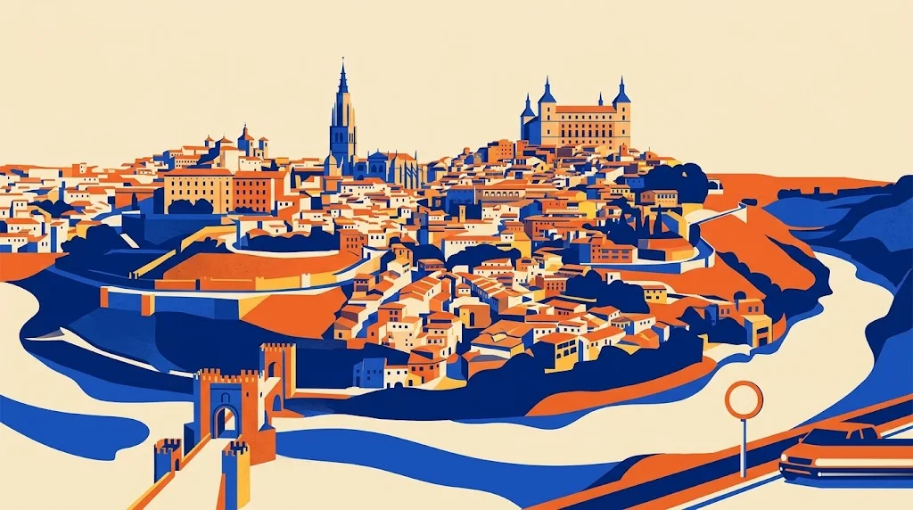 Ilustración de Toledo con el Alcázar y la catedral sobre el meandro del Tajo y la Puerta de Bisagra, y una señal de restricción de tráfico en primer plano