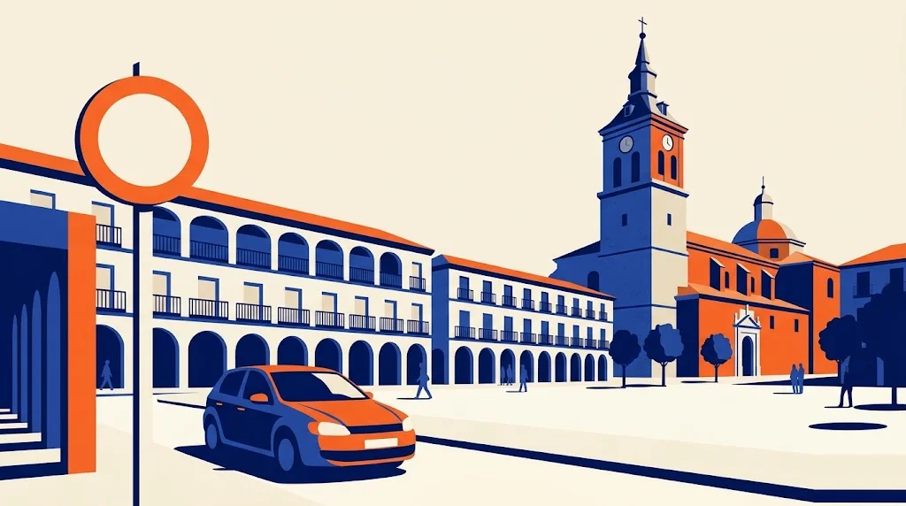 Ilustración de la plaza mayor porticada de Torrejón de Ardoz con la torre de la iglesia al fondo y una señal de restricción de tráfico en primer plano