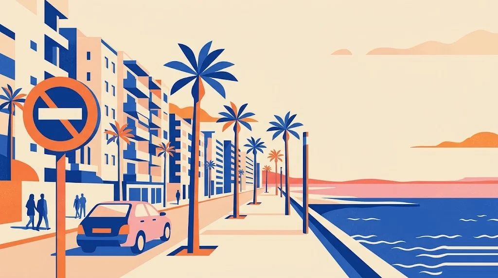 Ilustración del paseo marítimo de Torrevieja con palmeras y edificios blancos junto al mar y una señal de restricción de tráfico en primer plano