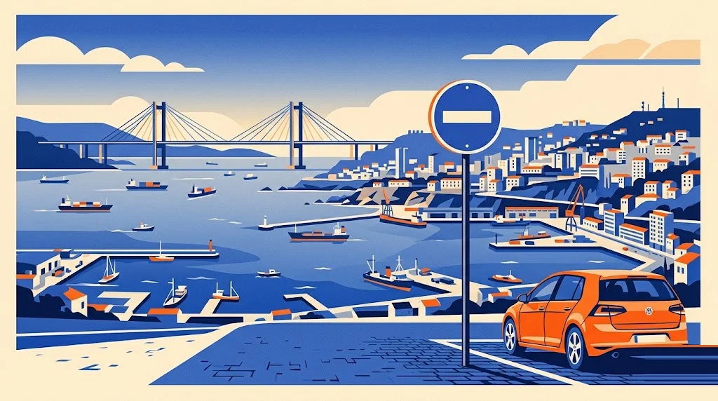 Ilustración de la ría de Vigo con el puente de Rande al fondo y el casco urbano junto al puerto, con una señal de restricción de tráfico en primer plano