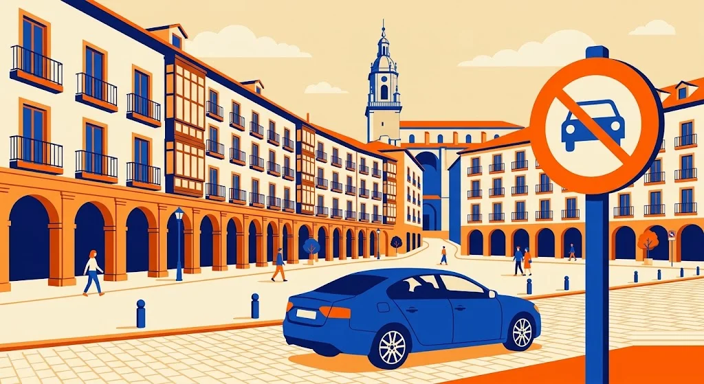 Ilustración de la Plaza de la Virgen Blanca de Vitoria-Gasteiz en el casco histórico con la torre de la Catedral de Santa María al fondo, con una señal de restricción de tráfico en primer plano
