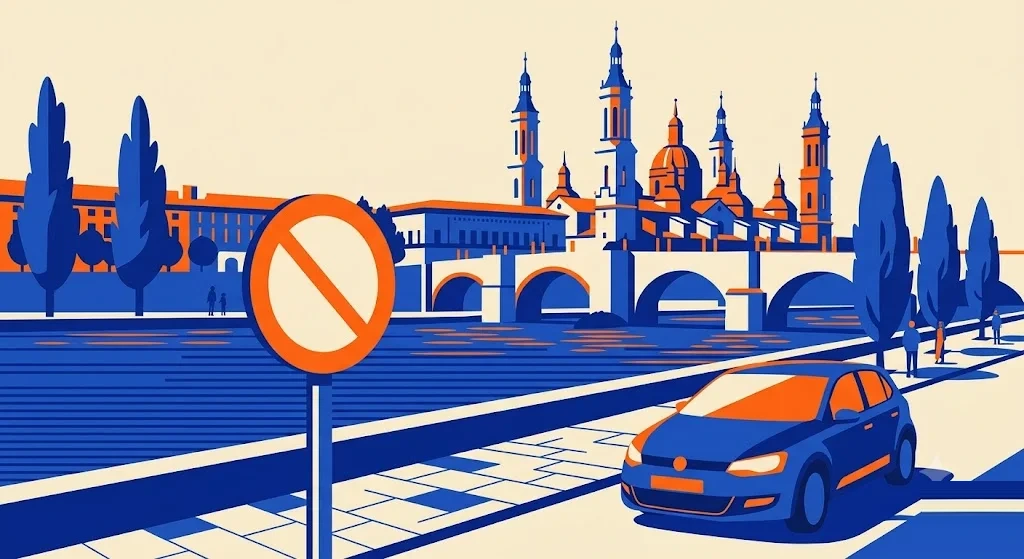 Ilustración de la ribera del Ebro en Zaragoza con una basílica de cúpulas y torres y un puente de piedra, con una señal de restricción de tráfico en primer plano